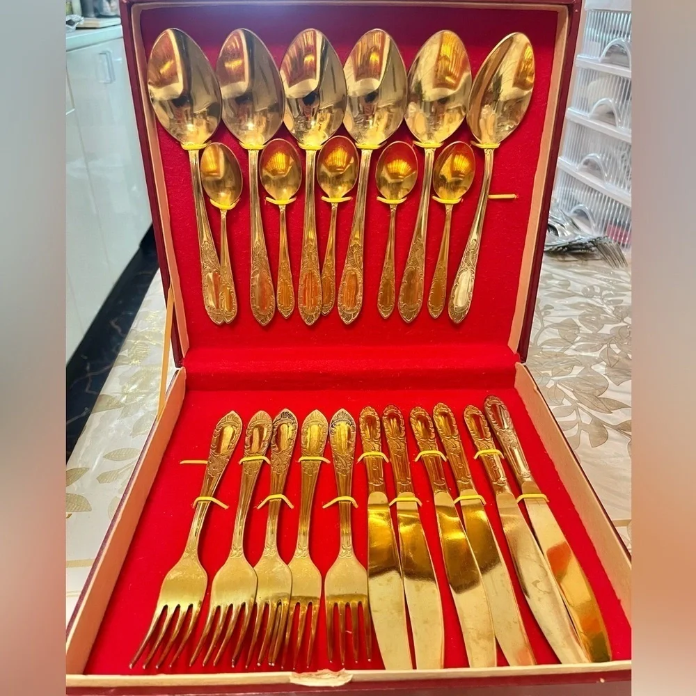 VTG Soviet Gold-Plated Flatware Set USSR 22 pcs Spoons, Forks, Knives Box